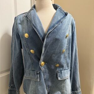 Denim Double-Breasted Blazer with Gold Buttons